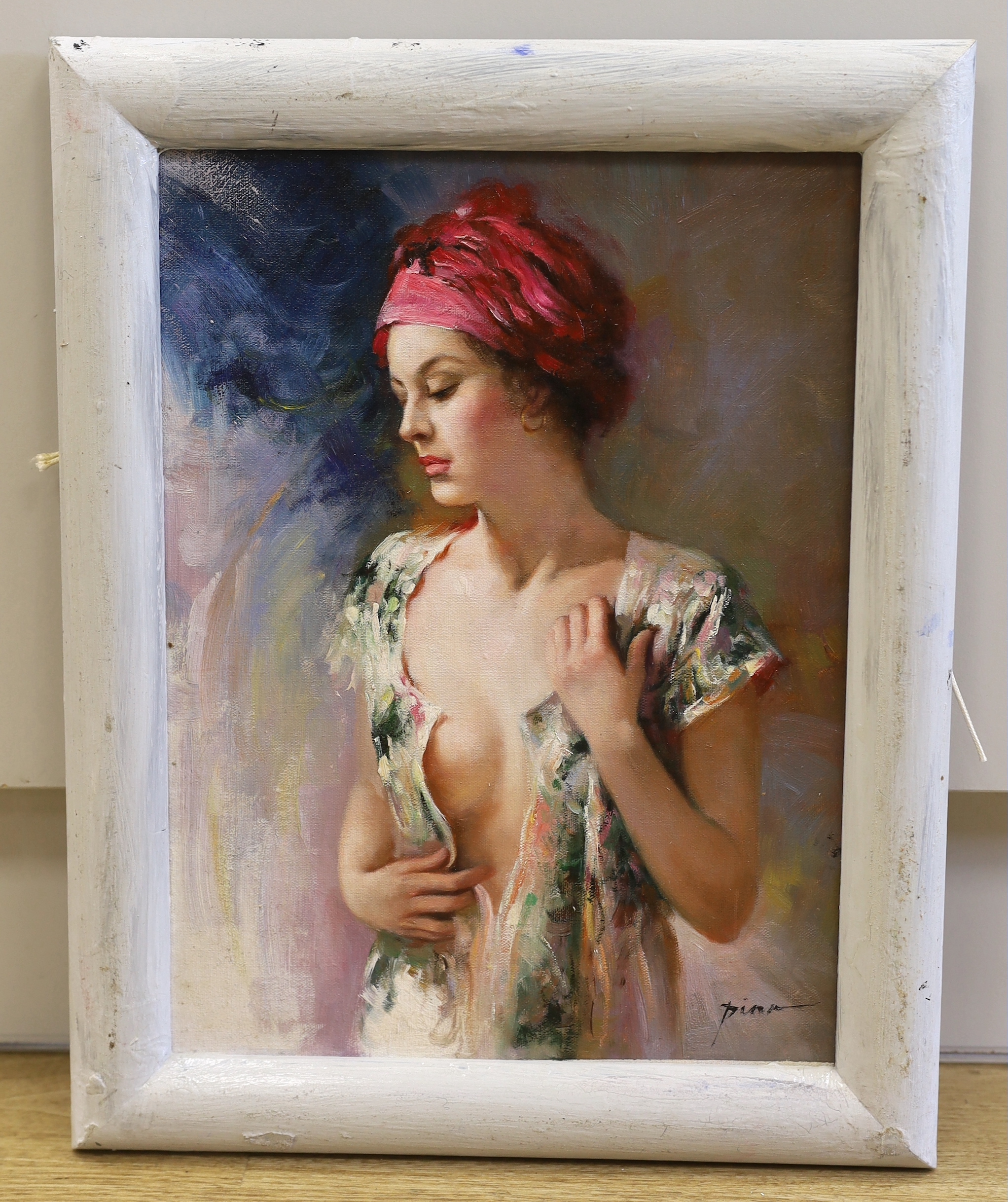After Pino Daeni (1939-2010), impressionist oil on board, Study of a semi-clad woman, 39 x 29cm
